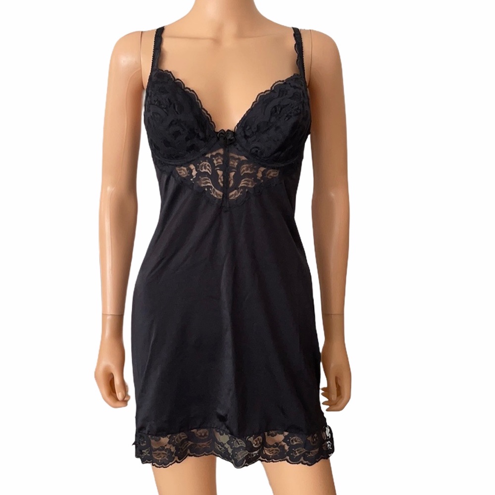 Vintage Berlei Minimalist Black Slip Dress Lace Trim